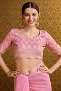 Pink Linen Blend Silk Saree With Blouse Piece
