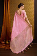 Pink Linen Blend Silk Saree With Blouse Piece