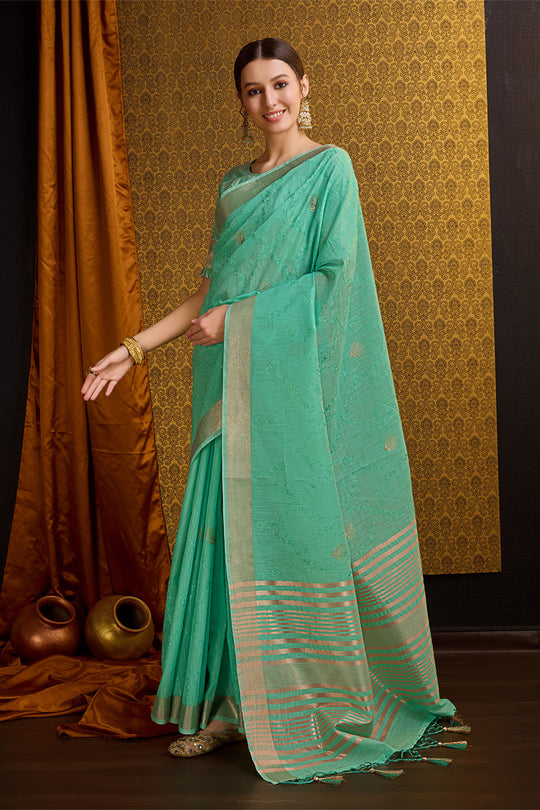Teal Linen Blend Silk Saree With Blouse Piece