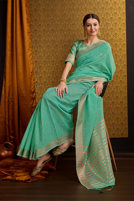 Teal Linen Blend Silk Saree With Blouse Piece