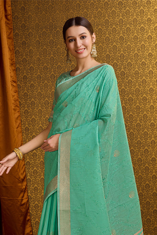 Teal Linen Blend Silk Saree With Blouse Piece