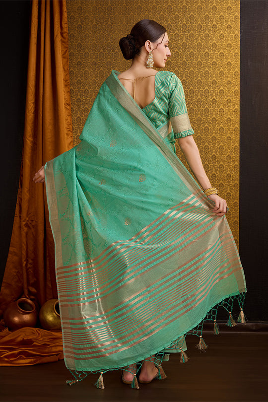Teal Linen Blend Silk Saree With Blouse Piece