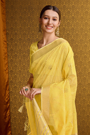Yellow Linen Blend Silk Saree With Blouse Piece