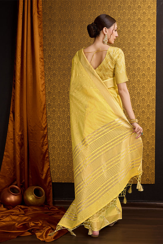 Yellow Linen Blend Silk Saree With Blouse Piece