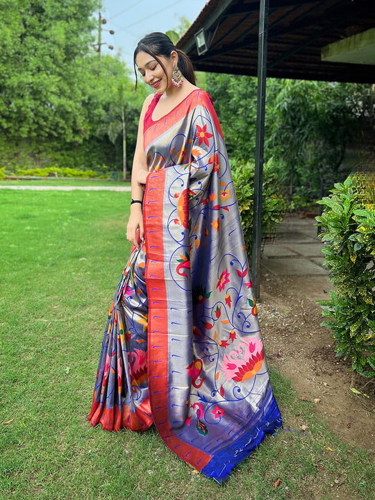 Voilet Paithani Silk Saree With Blouse Piece