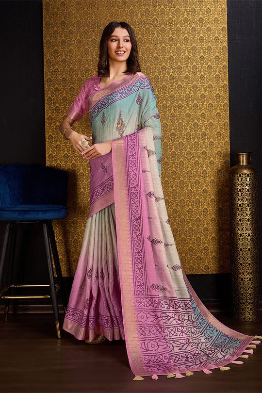 Pink & Blue Silk Saree With Blouse Piece