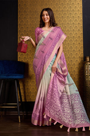Pink & Blue Silk Saree With Blouse Piece