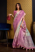 Pink & Blue Silk Saree With Blouse Piece