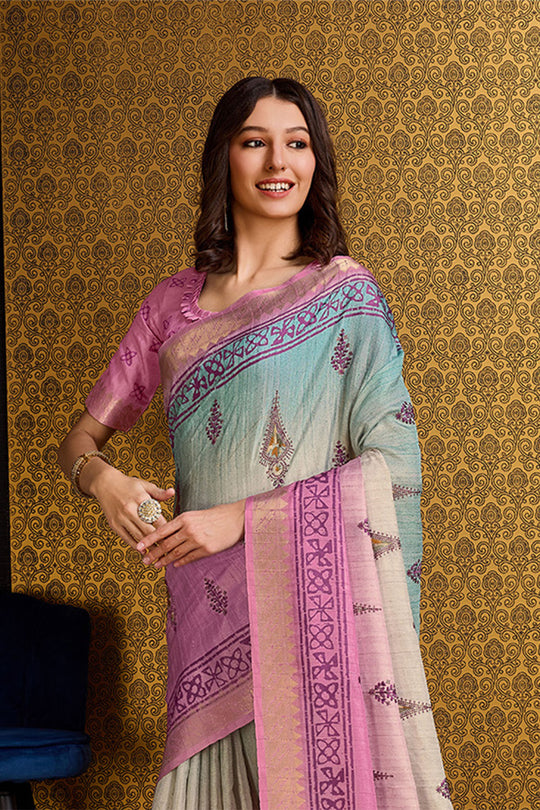 Pink & Blue Silk Saree With Blouse Piece