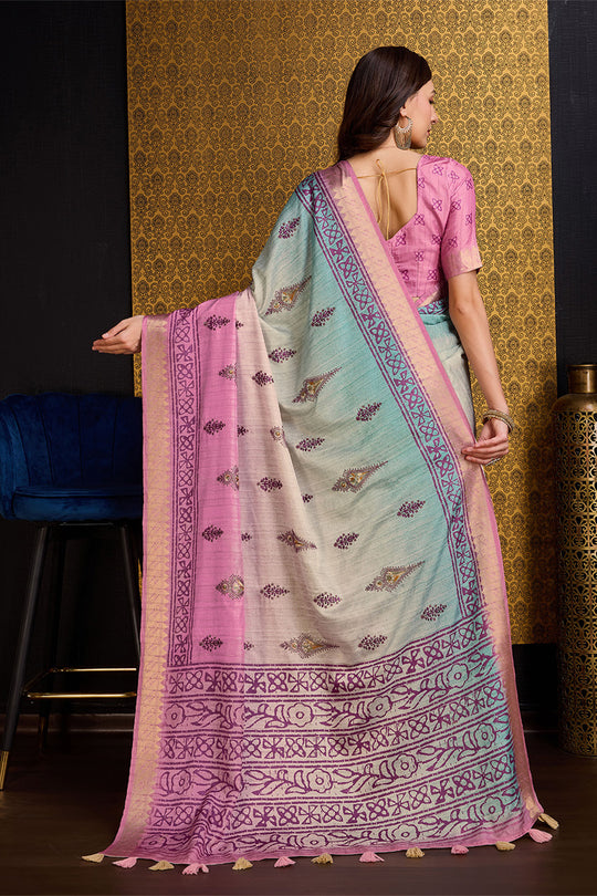Pink & Blue Silk Saree With Blouse Piece