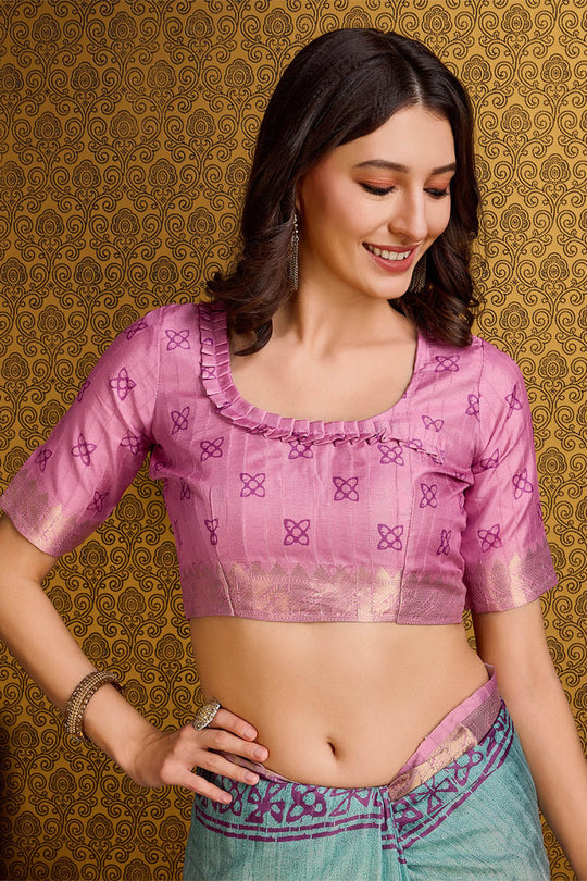 Pink & Blue Silk Saree With Blouse Piece