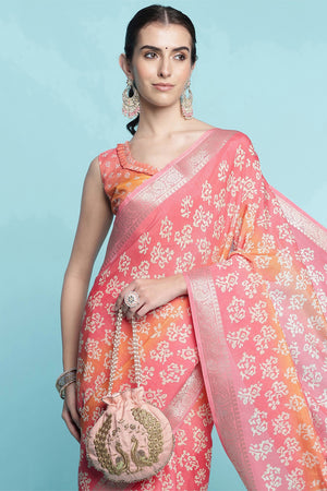 Peach Dola Silk Saree With Blouse Piece