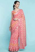 Peach Dola Silk Saree With Blouse Piece