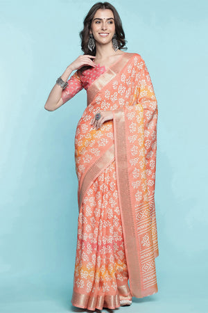 Peach Dola Silk Saree With Blouse Piece