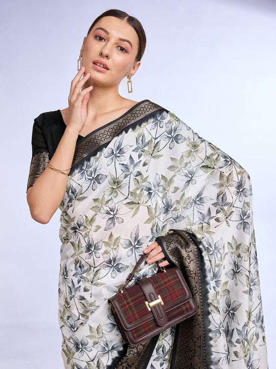 White & Black Dola Silk Saree With Blouse Piece