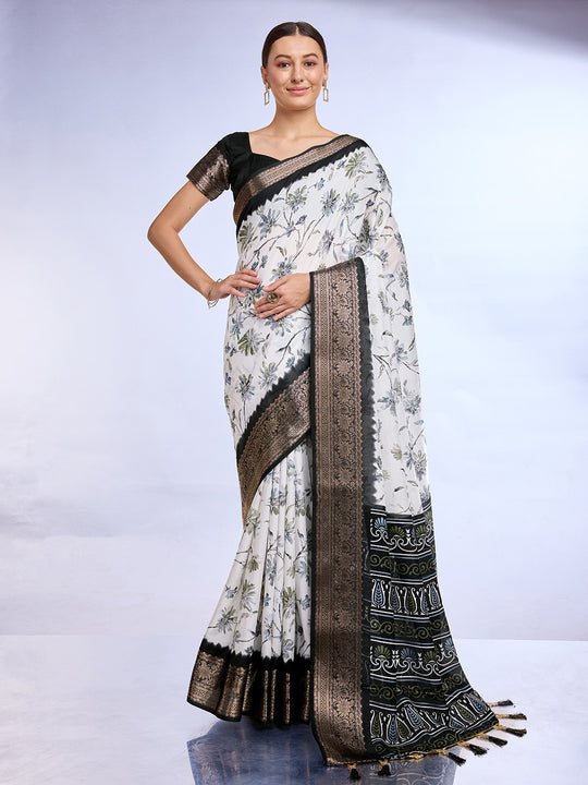 White & Black Dola Silk Saree With Blouse Piece