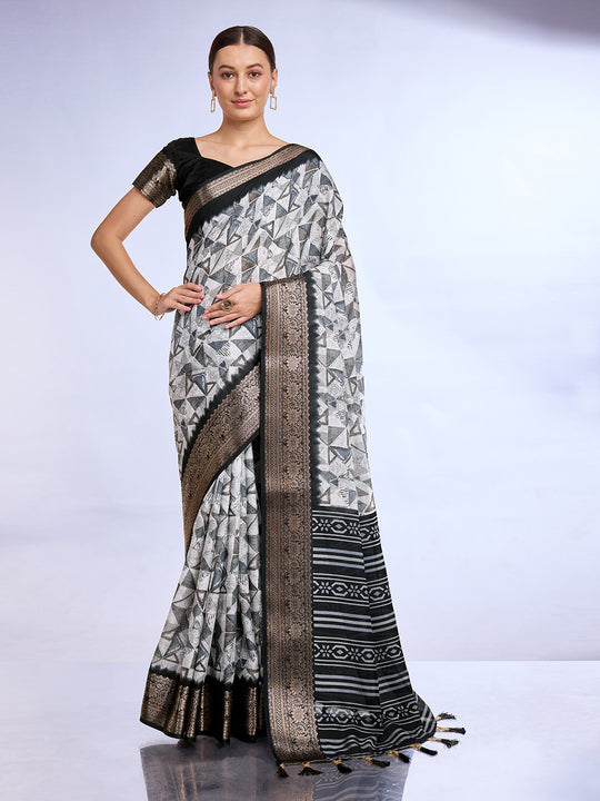 White & Black Dola Silk Saree With Blouse Piece