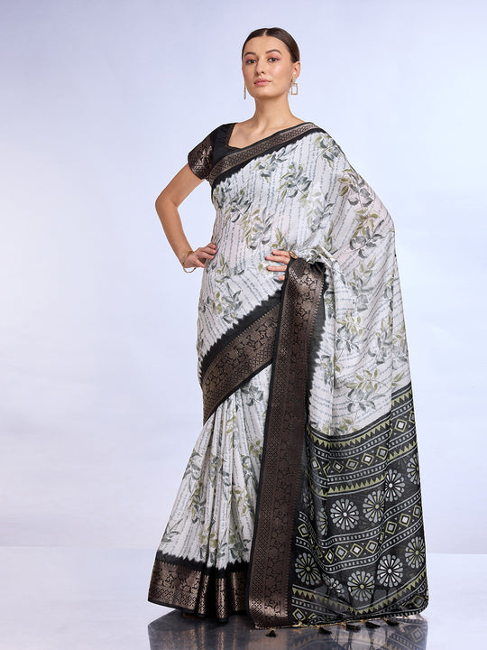 White & Black Dola Silk Saree With Blouse Piece
