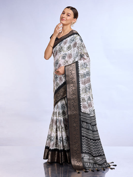 White & Black Dola Silk Saree With Blouse Piece