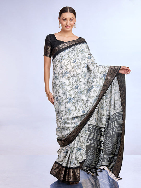 White & Black Dola Silk Saree With Blouse Piece