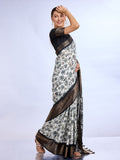 White & Black Dola Silk Saree With Blouse Piece