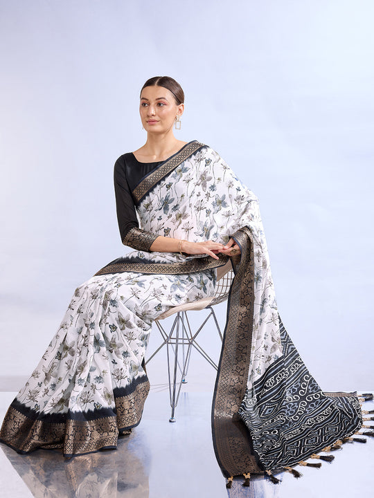 White & Black Dola Silk Saree With Blouse Piece