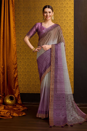 Purple Tussar Silk Saree With Blouse Piece
