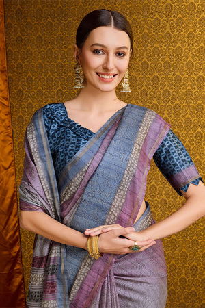 Grey Tussar Silk Saree With Blouse Piece