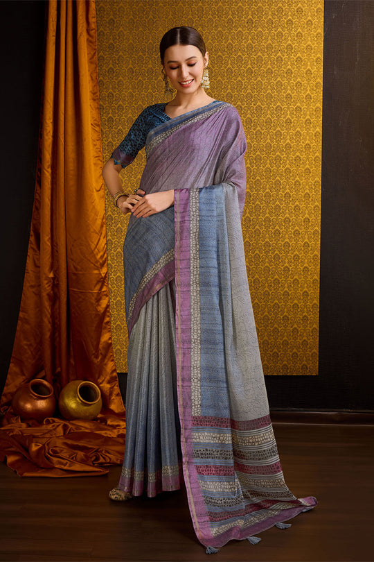 Grey Tussar Silk Saree With Blouse Piece