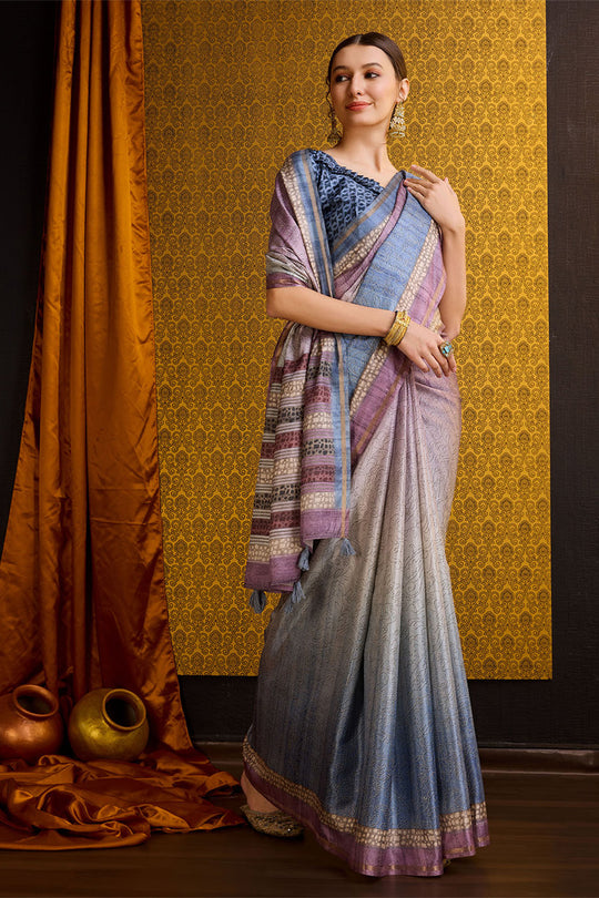 Grey Tussar Silk Saree With Blouse Piece