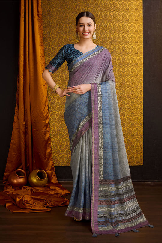 Grey Tussar Silk Saree With Blouse Piece