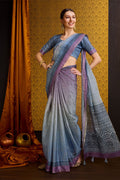 Blue Tussar Silk Saree With Blouse Piece