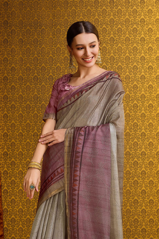 Brown Tussar Silk Saree With Blouse Piece