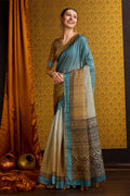 Sea Green Tussar Silk Saree With Blouse Piece