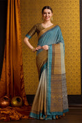 Sea Green Tussar Silk Saree With Blouse Piece