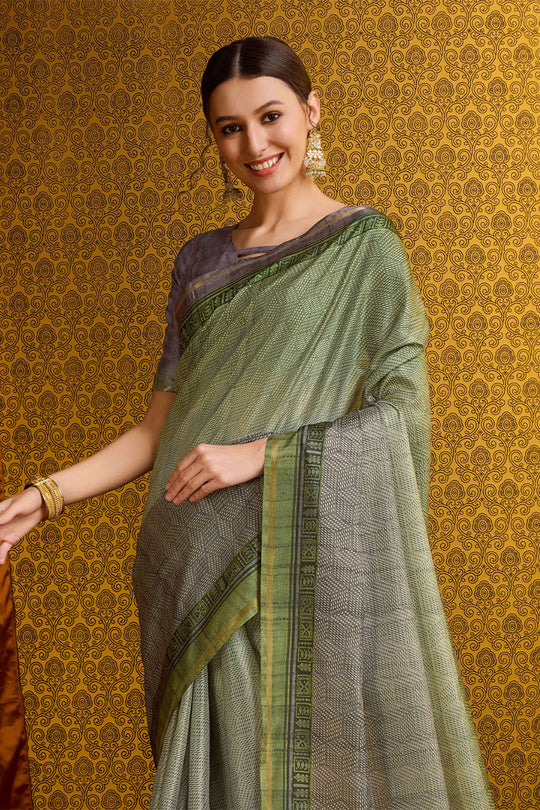 Green Tussar Silk Saree With Blouse Piece