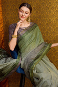 Green Tussar Silk Saree With Blouse Piece