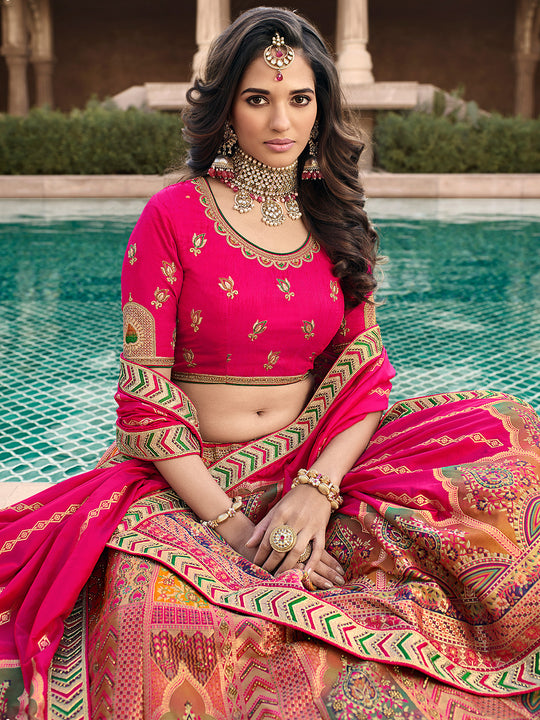 Hot Pink Banarasi Silk Lehenga