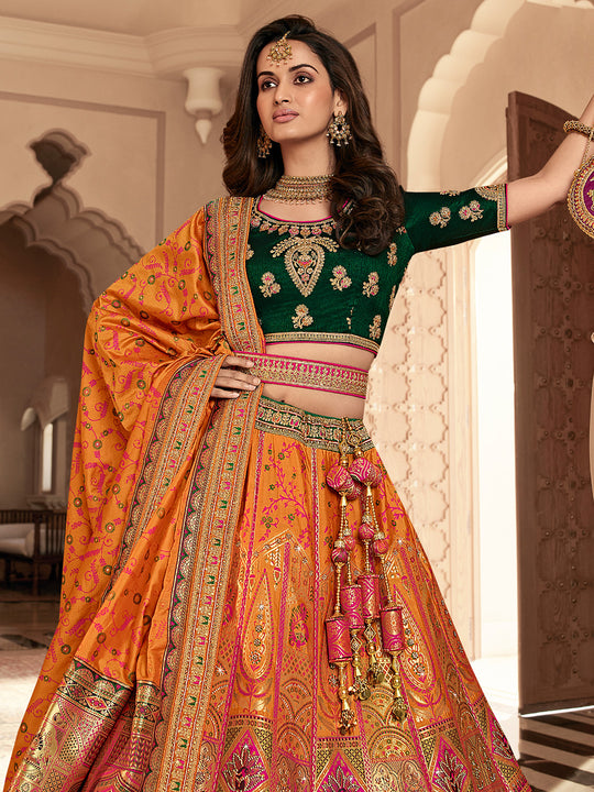 Orange And Green Banarasi Silk Lehenga