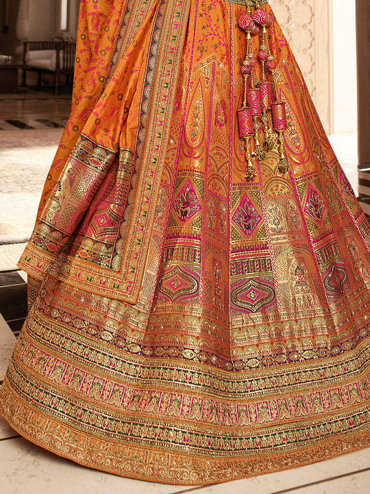 Orange And Green Banarasi Silk Lehenga