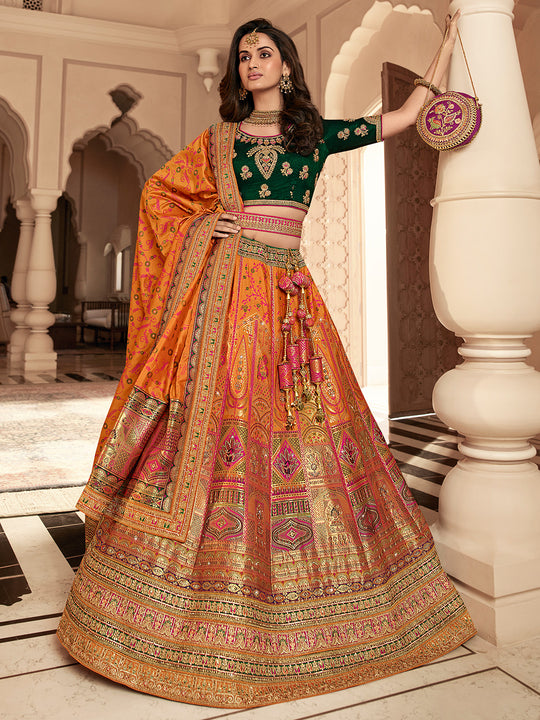 Orange And Green Banarasi Silk Lehenga