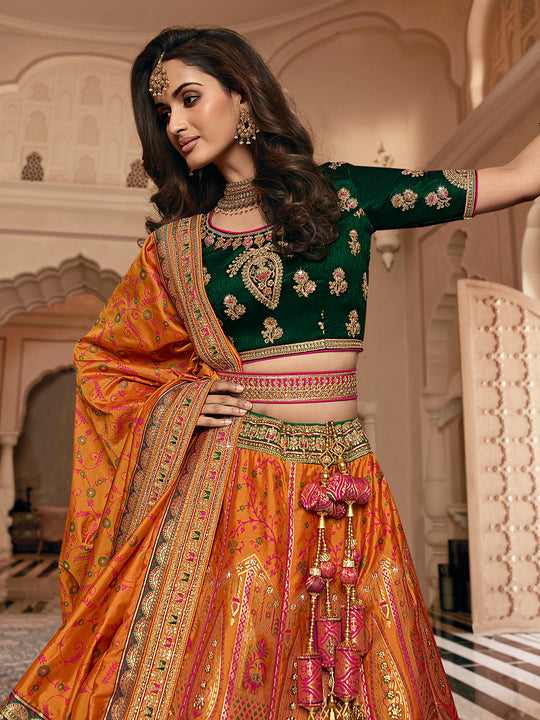 Orange And Green Banarasi Silk Lehenga