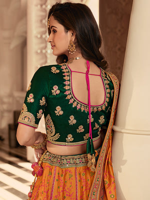Orange And Green Banarasi Silk Lehenga