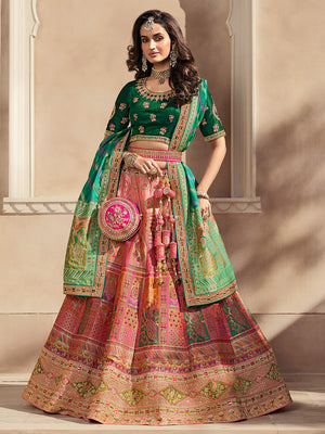 Green And Pink Banarasi Silk Lehenga