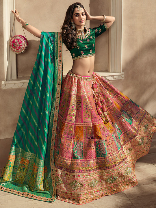 Green And Pink Banarasi Silk Lehenga