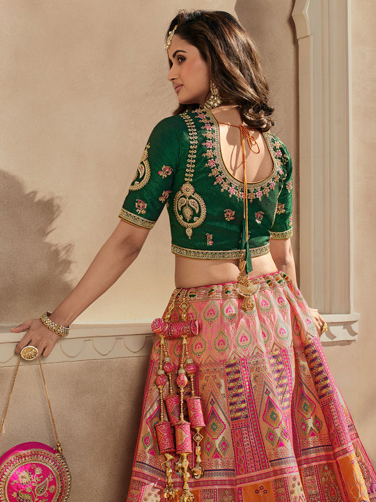 Green And Pink Banarasi Silk Lehenga
