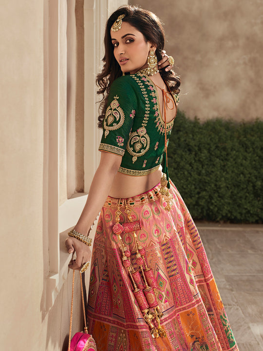 Green And Pink Banarasi Silk Lehenga