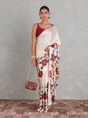 Japan Satin Silk Saree With Beautiful Floral Print And Heavy Handwork Khalti Work With Fancy Aarco