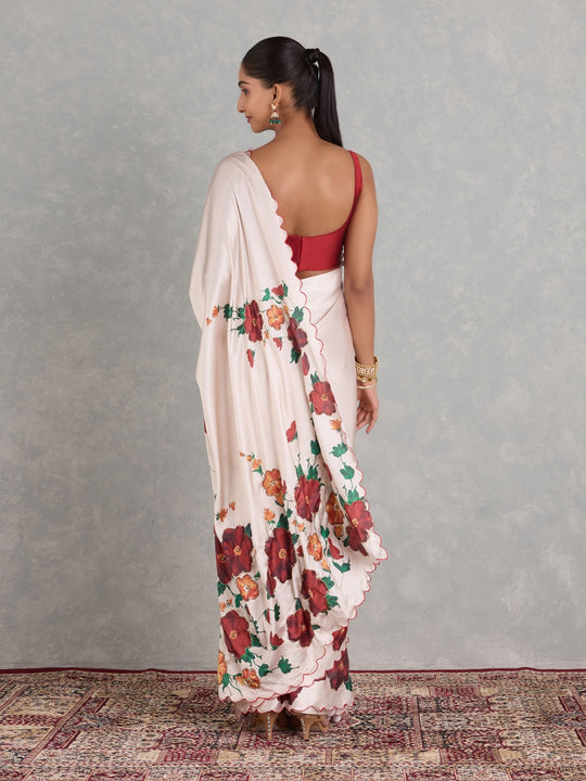 Japan Satin Silk Saree With Beautiful Floral Print And Heavy Handwork Khalti Work With Fancy Aarco