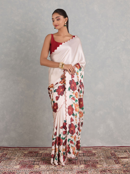 Japan Satin Silk Saree With Beautiful Floral Print And Heavy Handwork Khalti Work With Fancy Aarco